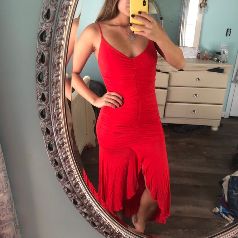 Red Ruched Maxi Dress